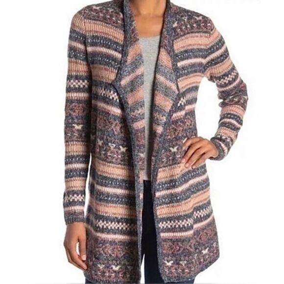 Lucky Brand Reversible Jacquard Open Front Navy Blue Peach Long Cardigan Small - Picture 1 of 9